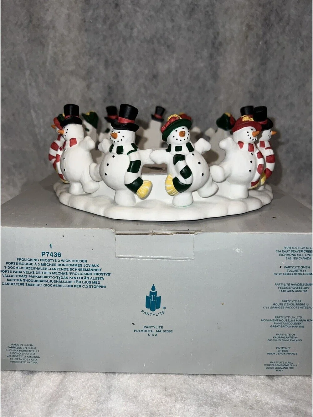 Partylite 12 Frolicking Frostys Snowmen 3 Wick Holder in Original Box - 9" - Picture 4 of 4